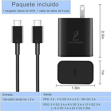 Cargador rápido USB C de 45 W para cargador Samsung tipo C, USB C Cargador de teléfono Android con 1.8M Cable Carga Rápida, para Galaxy S23 Ultra/S23/S23+/S22/S22 Ultra/S22+/Note10/Note 20/S20/S21/S10