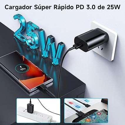 Cargador Tipo C de 25w para Samsung, Samsung Cargador Rápido USB C con Cable de 6.56 pies para Samsung Galaxy S23/S23 Ultra/S23+/S22/S22 Ultra/S22+/S21/S21+/S21 Ultra/S20/S20+/Note10/Note10+ (2M)